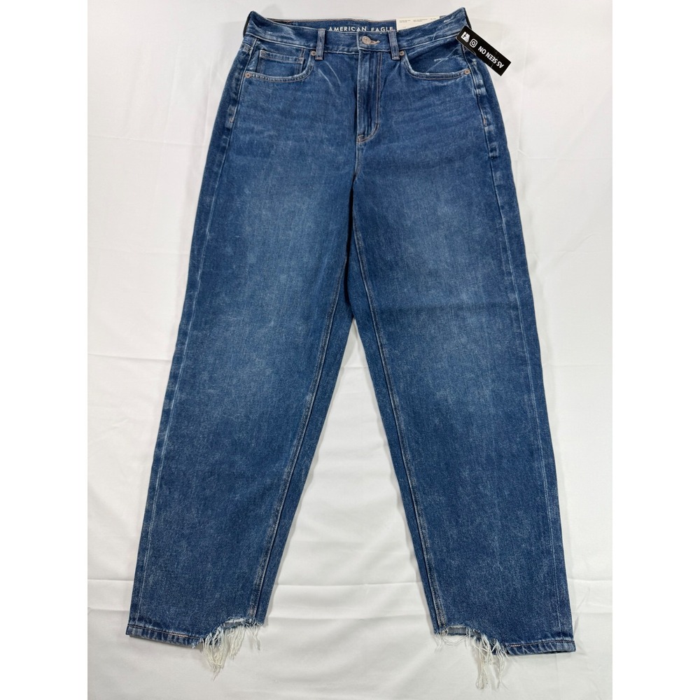American Eagle Relaxed Mom Jean Dark Dreams High Waist Frayed Hem Size 8 29W